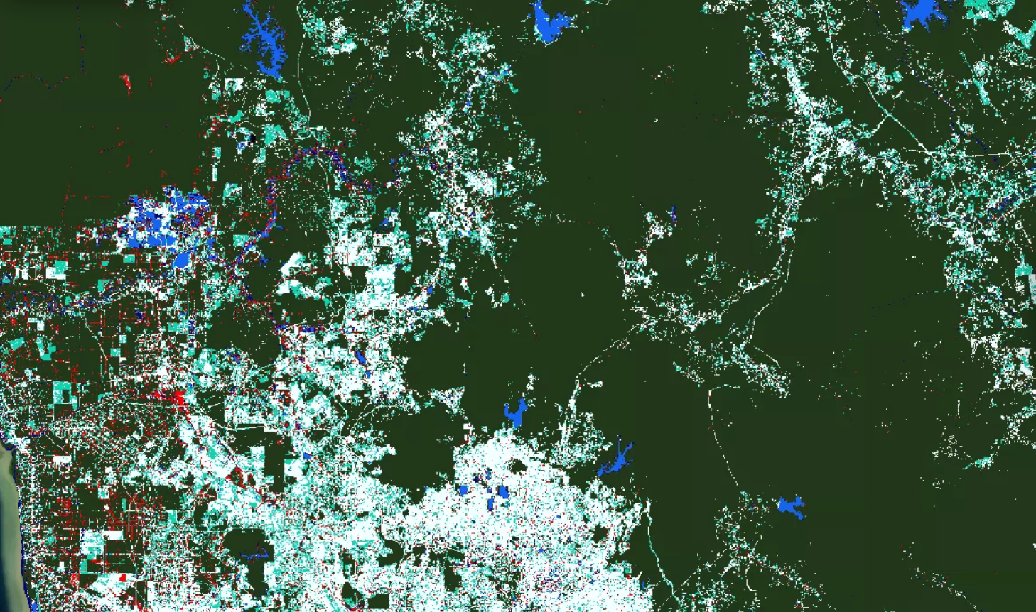 False-colour satellite analysis fusing AI and Earth-observation data across a Sastena project landscape