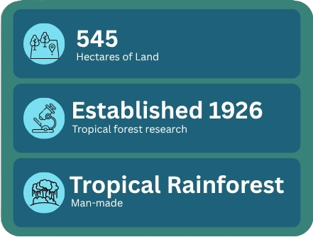 545 hectares of land, established 1926, tropical rainforest