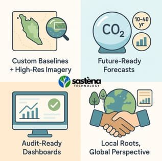 Four ways Sastena supports VM0048 projects: custom baselines with high-resolution imagery, 10 to 40-year forecasts, audit-ready dashboards, and local stakeholder partnerships.